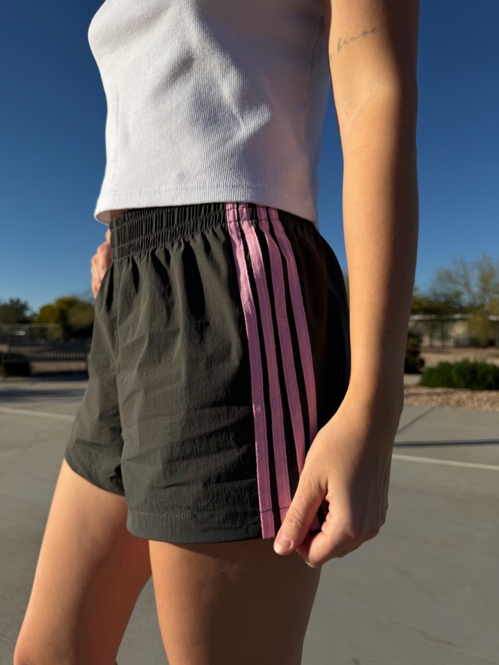 Gray Athletic Shorts with Pink Side Stripes - Women's Running Shorts